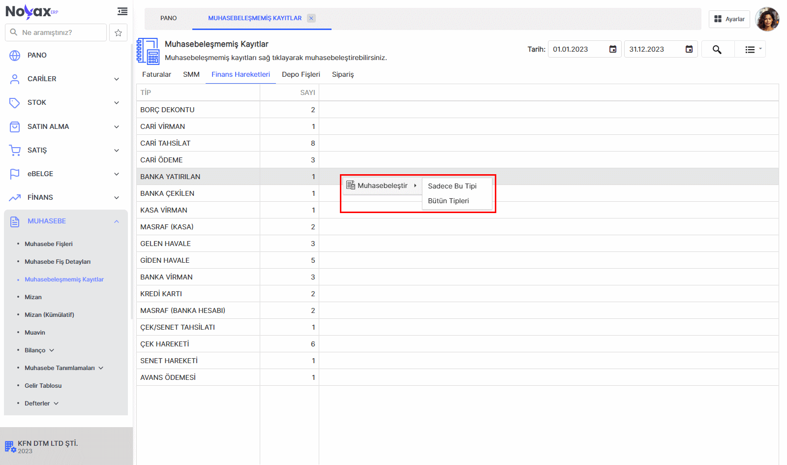 Noyax Muhasebeleşmemiş Kayıtlar Ekranı