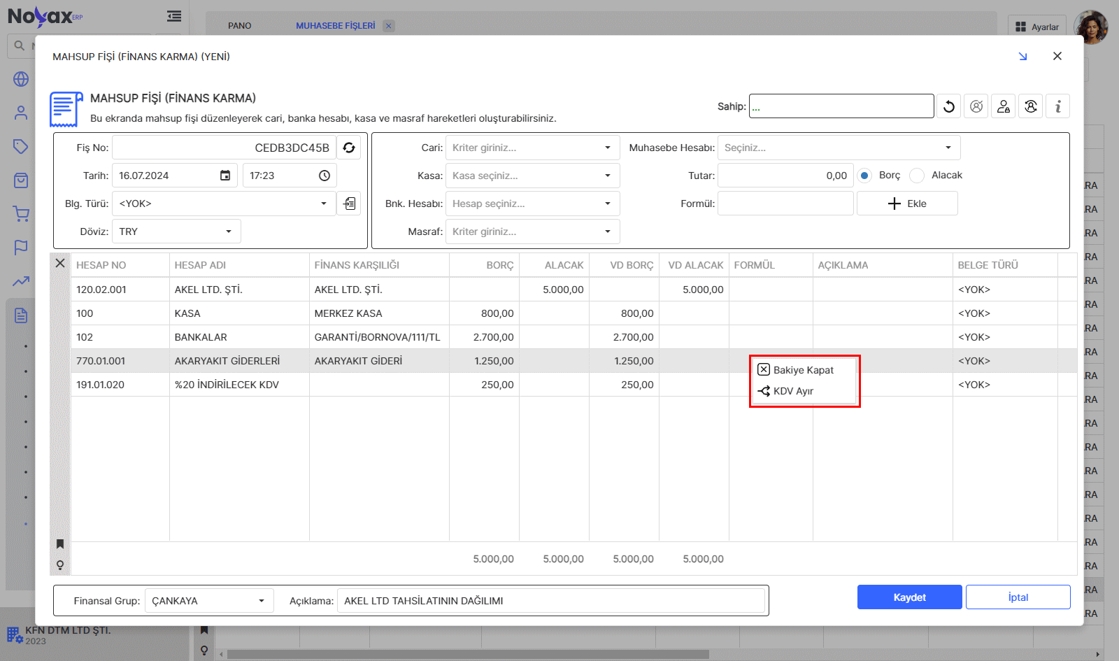 Noyax Mahsup Fişi (Finans Karma) Ekranı