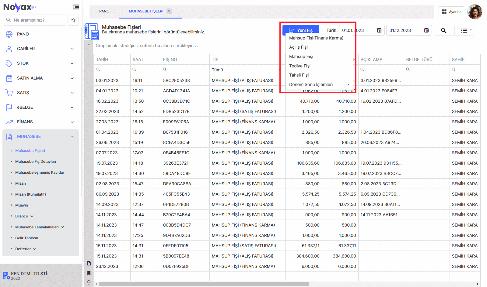 Noyax Muhasebe Fişleri Listesi