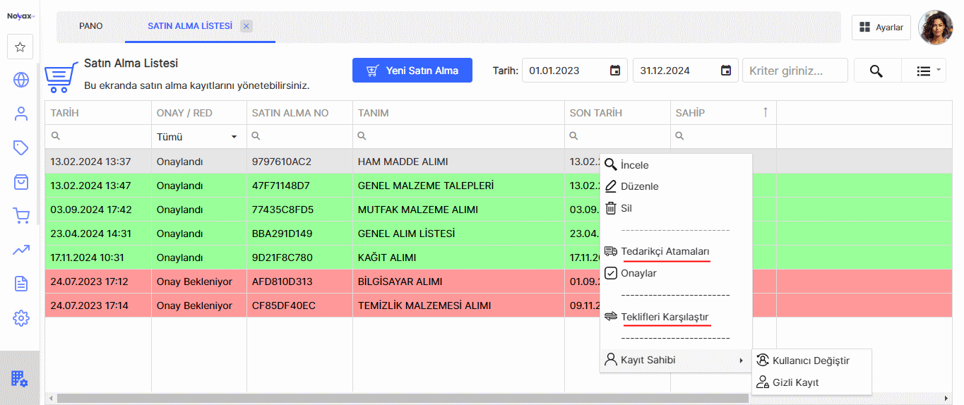 Noyax Satın Alma Listesi Ekranı