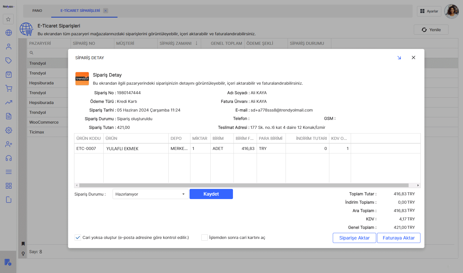 Noyax e-Ticaret Siparişleri Ekranı