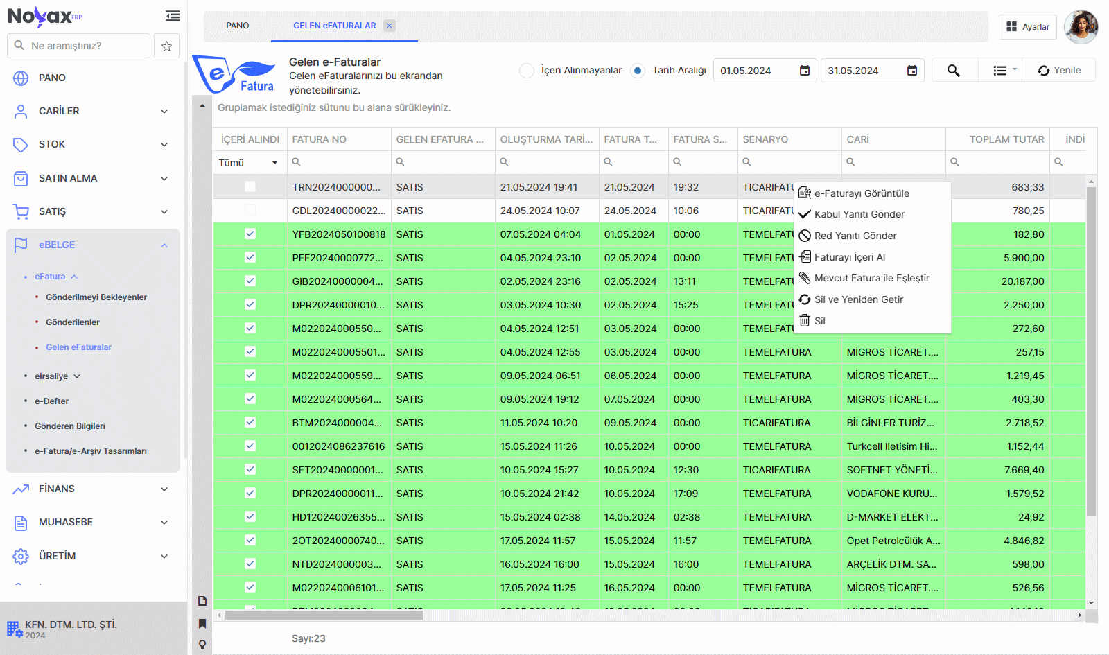 Noyax Gelen EFaturalar Ekranı