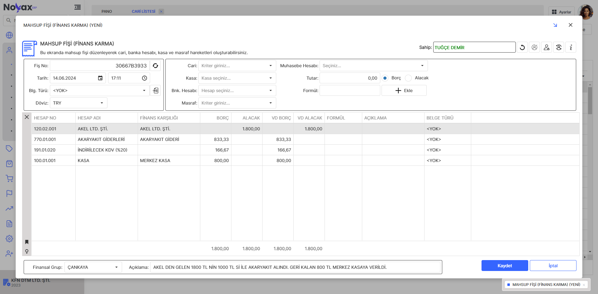 Noyax Mahsup Fişi (Finans Karma) Ekranı